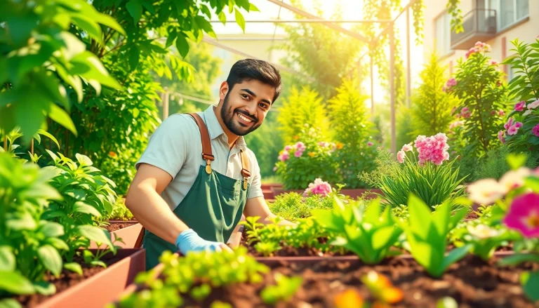 Gardening enthusiast nurturing plants with colorful flowers in a vibrant garden.