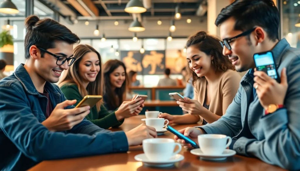트렌디한 카페에서 스마트폰으로 소액결제를 이용하는 젊은 성인들의 모습