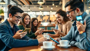 트렌디한 카페에서 스마트폰으로 소액결제를 이용하는 젊은 성인들의 모습