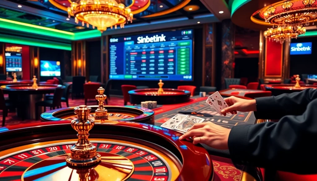 Experience thrilling gambling action at sinbet.ink with vibrant casino scenes and poker action.