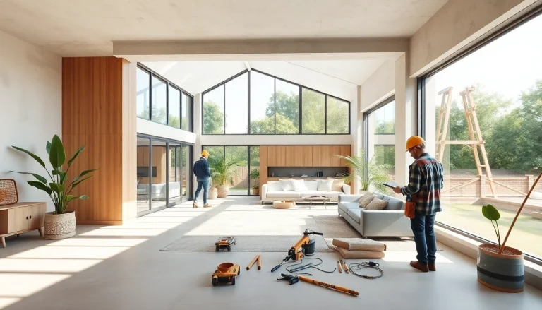 House extension construction showcasing modern design and builders at work.