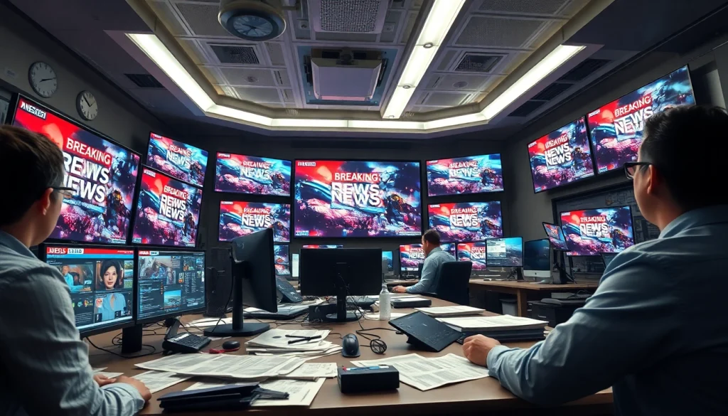 Cover the latest news updates at https://news-parade.com.ua through a busy newsroom scene.