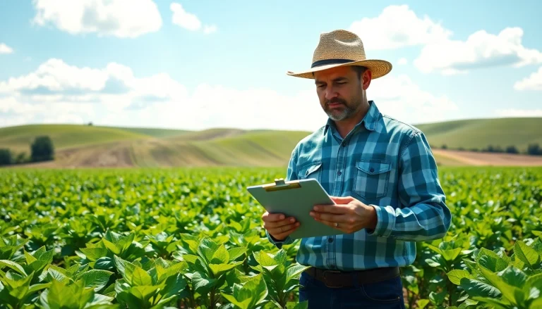 Analyze key aspects of agricultural law with a farmer assessing crops in a vibrant field.