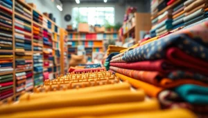 Sfeer in een stoffenwinkel met kleurrijke stoffen en patronen.