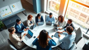 Engaging business collaboration scene showing diverse teams working together effectively in a modern office.