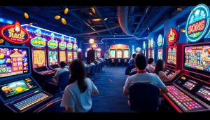 Pengalaman bermain Birutoto yang imersif dengan slot berwarna-warni dan pemain merayakan kemenangan.