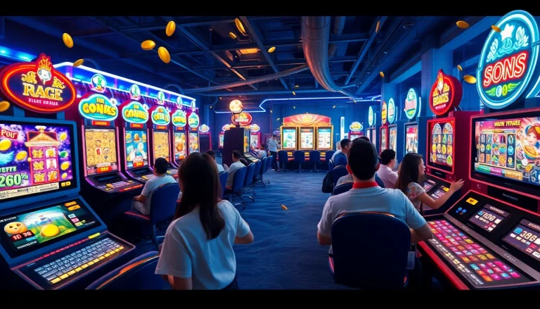 Pengalaman bermain Birutoto yang imersif dengan slot berwarna-warni dan pemain merayakan kemenangan.