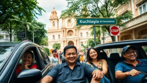Kuching car hire scene with diverse tourists enjoying vibrant street exploration