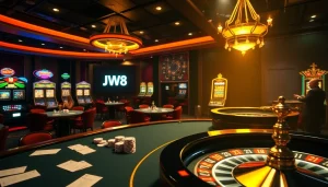 Experience the thrill of JW8 online casino gaming with engaging poker tables and vibrant slot machines.
