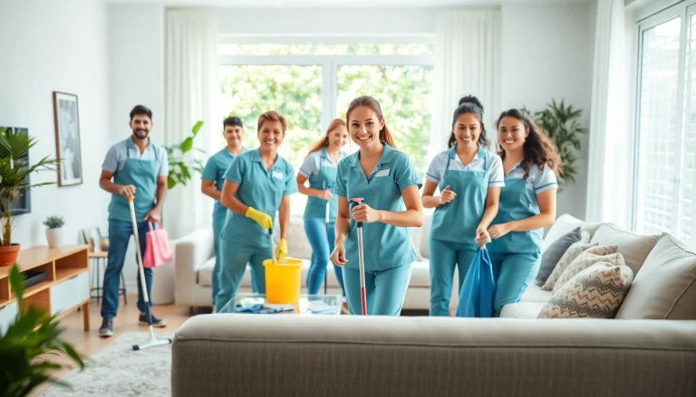 Efficient cleaning service team transforming a modern living room with bright organization