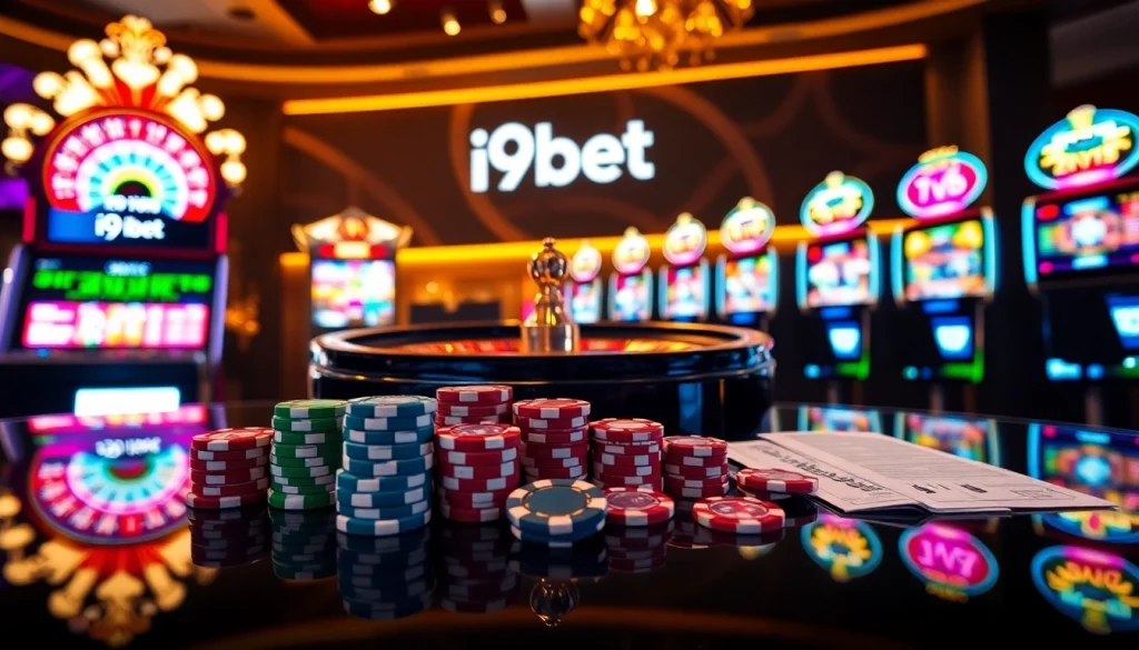 i9bet casino interface with vibrant roulette and poker elements creating a thrilling gaming atmosphere.