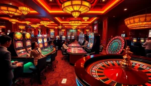 Players enjoying a thrilling casino experience at EV88, surrounded by vibrant slot machines and elegantly designed tables.