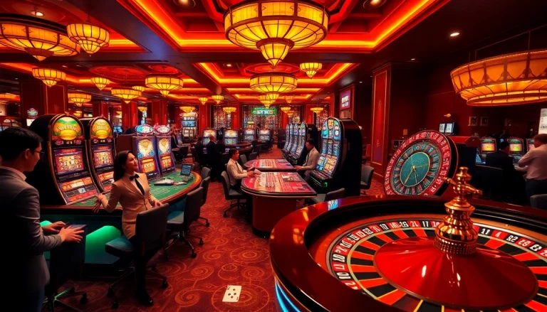 Players enjoying a thrilling casino experience at EV88, surrounded by vibrant slot machines and elegantly designed tables.