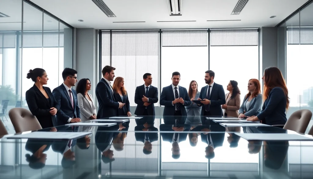 Dynamic business agency professionals collaborating in a modern conference room.