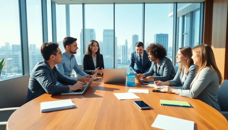 Engaging business meeting with diverse team members discussing strategies in a modern setting.