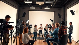 Capture the energetic atmosphere of a Creative Video Production Agency with professionals vividly collaborating in a modern studio.