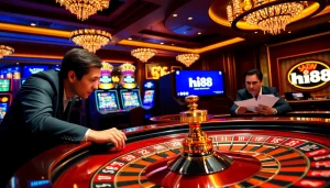 Engage with the Hi88 Đăng Nhập experience at an upscale casino, showcasing excitement and luxury in gaming.