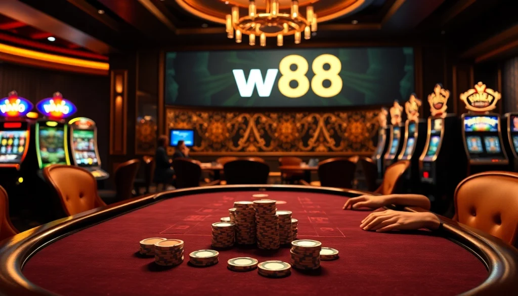 Người chơi đang thưởng thức một ván poker cược cao tại một casino sang trọng, có liên kết W88 cho truy cập trực tuyến.