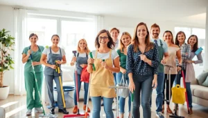 Cleaning service team joyfully cleaning a spotless home, showcasing their expertise and friendly approach.