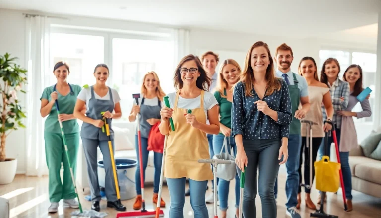 Cleaning service team joyfully cleaning a spotless home, showcasing their expertise and friendly approach.