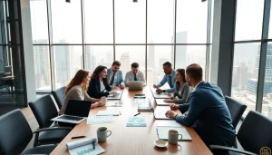Business professionals collaborating in a vibrant office setting to foster teamwork.