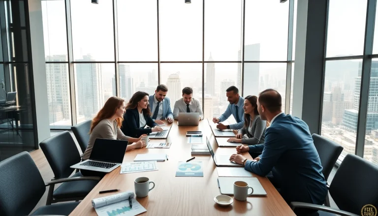 Business professionals collaborating in a vibrant office setting to foster teamwork.