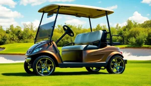 Custom golf cart parked on a green golf course, showcasing its modern design and vibrant colors.