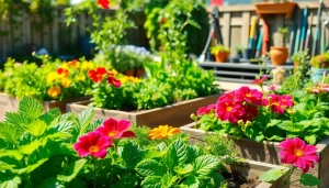 Gardening in a sunny backyard with colorful flowers and fresh vegetables in raised beds.