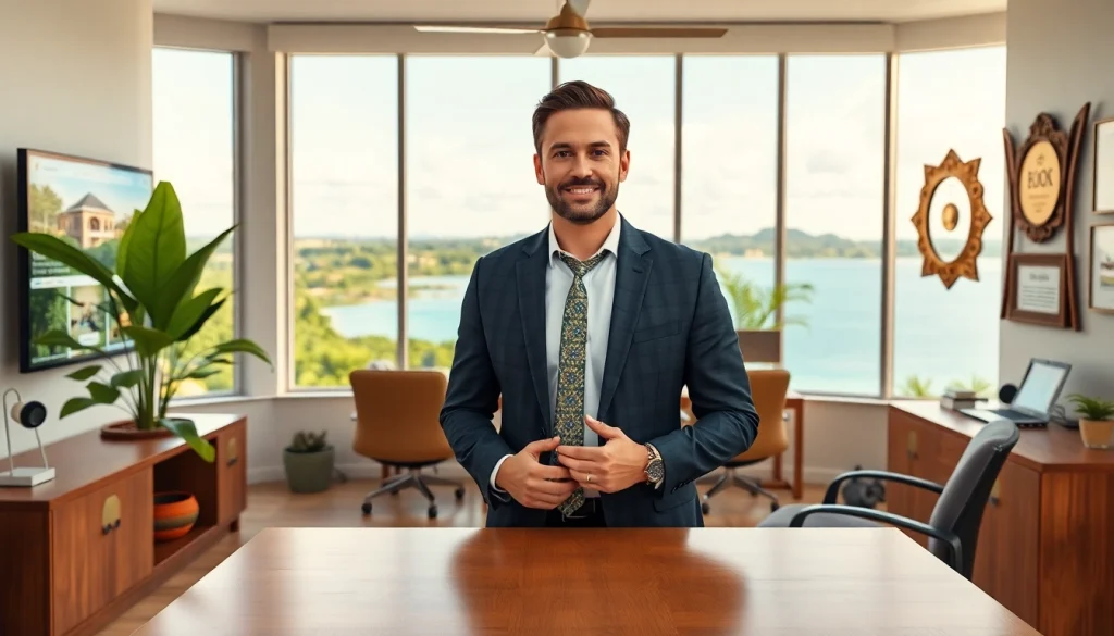 Dustin Rennie engaging with clients in a professional Belize real estate office, showcasing achievements and tropical views.