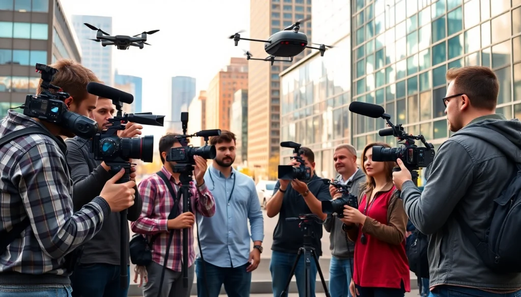 Video Production Company Calgary team collaborating in a dynamic urban setting.