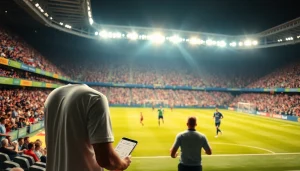 Taruhan bandar bola di stadion yang ramai, menunjukkan pemain dan penonton yang bersemangat.