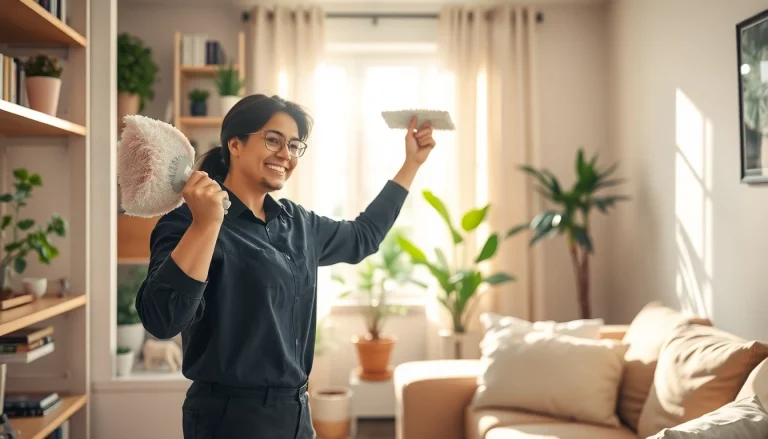 Cleaning service provider dusting a bookshelf in a sunlit cozy home environment.