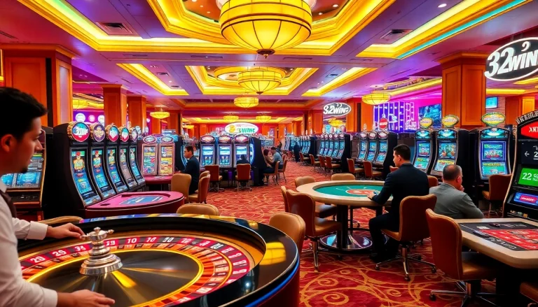 32WIN players enjoying the excitement of casino gaming with vibrant slot machines and poker tables.
