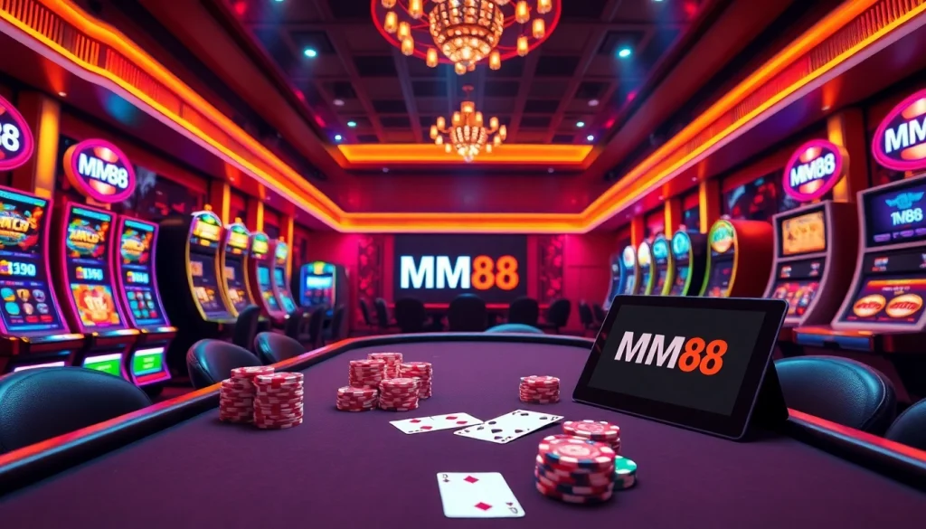 Immerse in the luxurious ambiance of Trang chủ MM88 with a vibrant casino setting featuring poker tables, chips, and neon lights.
