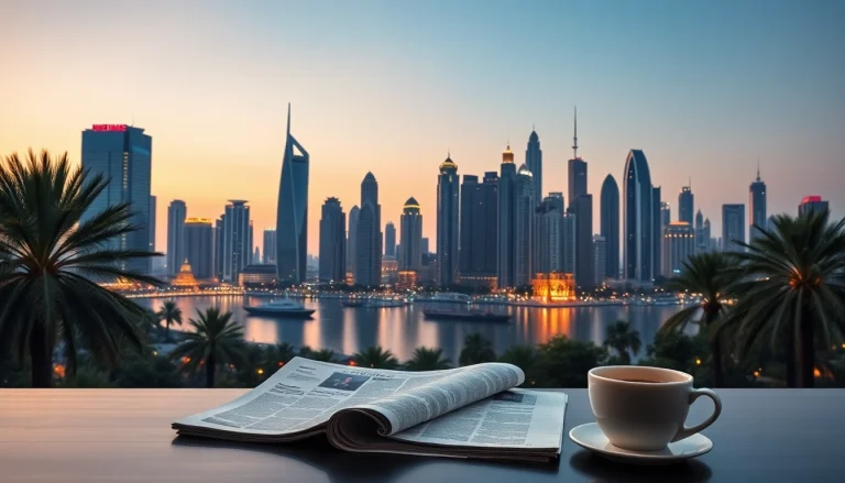 Stay updated with https://emiratenewsday.com featuring a vibrant Dubai skyline at dusk.