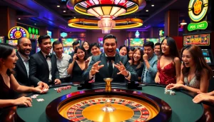 Players enjoying a thrilling game at UU88's luxurious casino, featuring roulette and slot machines.