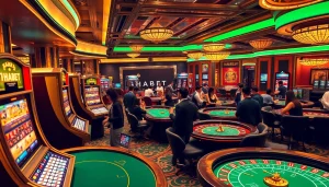 Experience the excitement of THABET with lively players at luxurious gambling tables.