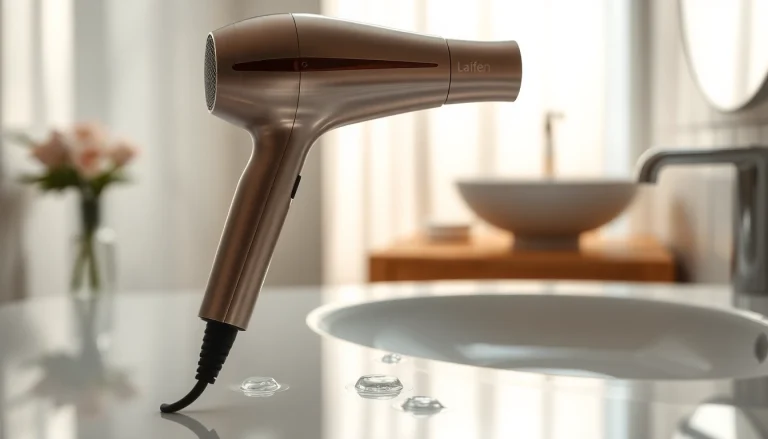laifen se hair dryer displayed elegantly on a bathroom vanity, highlighting its sleek design.