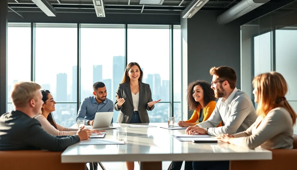 Agency team collaborating in a modern office, showcasing creativity and professionalism.