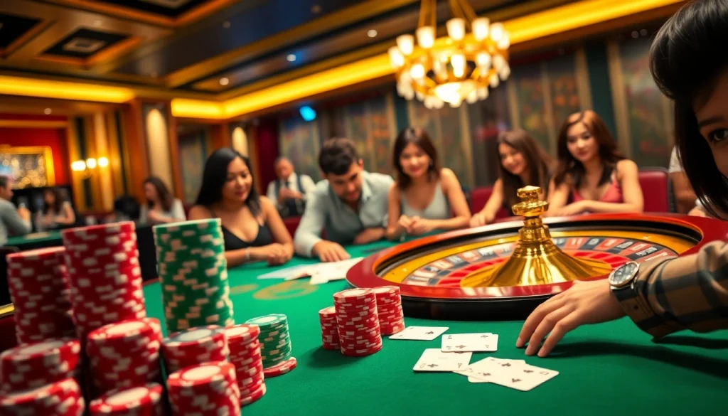 Engaging scene of players enjoying jbo vietnam casino games at a glamorous table.