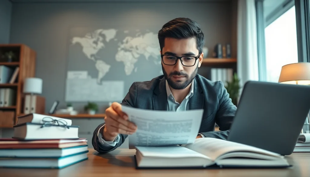 Expert traducteur assermenté arabe dans un bureau moderne, traduisant des documents.