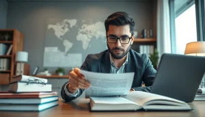 Expert traducteur assermenté arabe dans un bureau moderne, traduisant des documents.