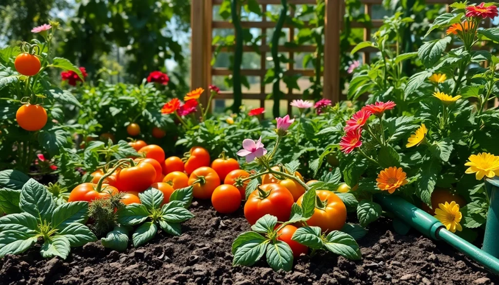 Gardening lush vegetable garden with colorful heirloom tomatoes and vibrant greens.