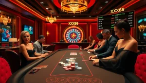 Exciting gambling scene at xx88 poker table with vibrant colors and luxurious ambiance.