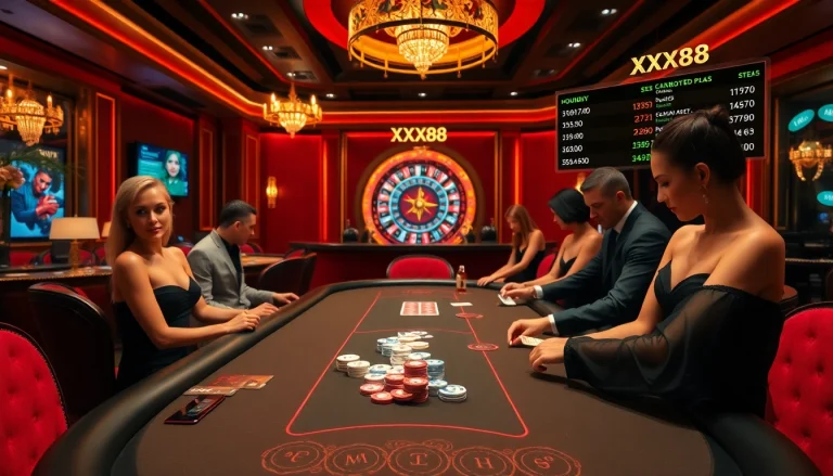 Exciting gambling scene at xx88 poker table with vibrant colors and luxurious ambiance.