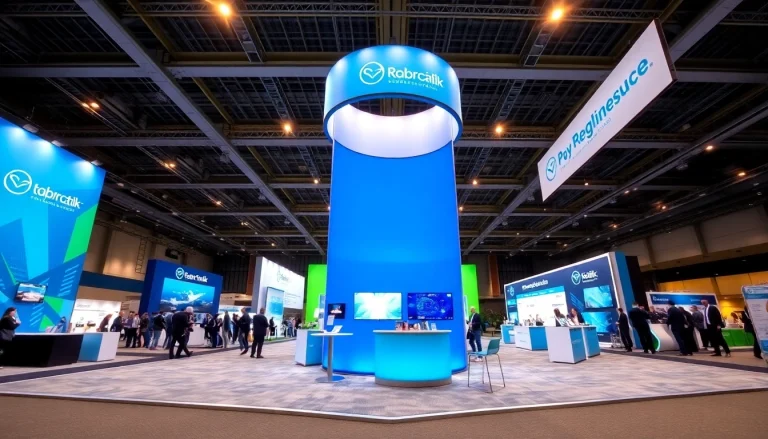 Engaging trade show booth with vibrant displays and branding elements in a busy exhibition hall.