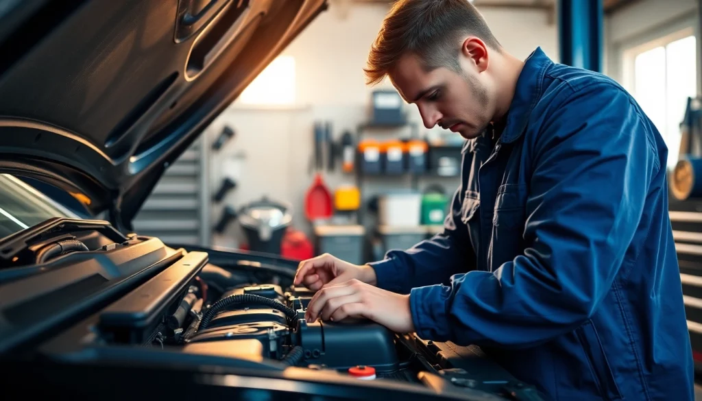 Find a trusted mechanic near me working expertly on a vehicle in a well-equipped garage.