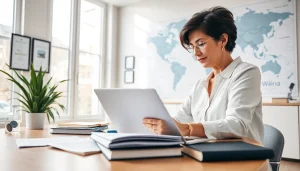 Professional translator working on traducción jurada documents in a modern office.