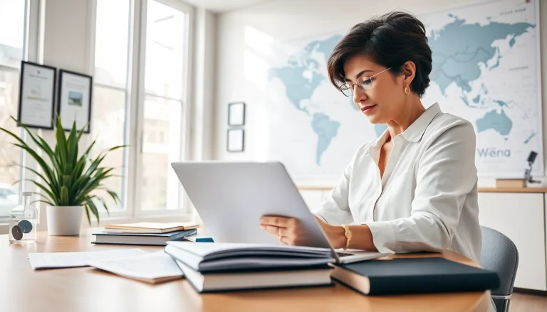 Professional translator working on traducción jurada documents in a modern office.