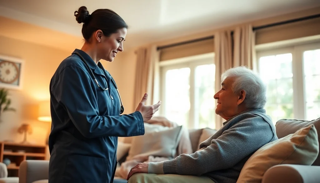 Caregiver providing in home care austin tx to elderly client during a warm conversation